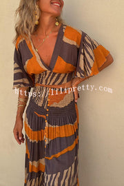 Lilipretty® Raya Colorblock Print Bell Sleeve Crop Top and Smocked Waist Button Maxi Skirt Set