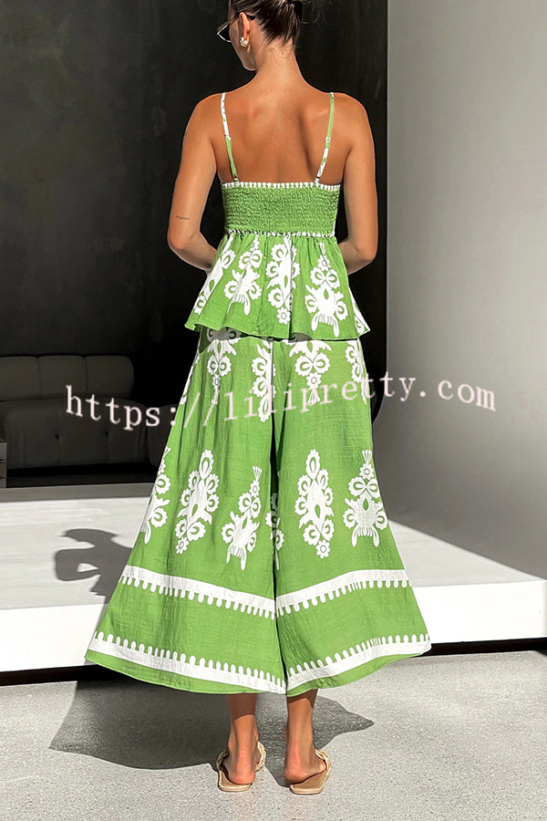 Unique Ethnic Print Suspender Pleated Top and Elastic Waist Loose Wide-leg Pants Set