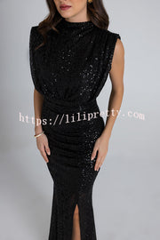 Dreamy Delights Sequin Wide Short Sleeve Back Tie-up Ruched Slit Maxi Dress