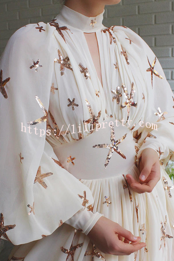 Lilipretty Grand Evening Chiffon Star Sequins Lantern Sleeve Party Maxi Dress