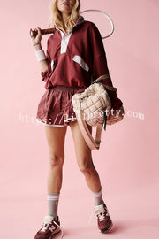 Fashion Contrast Color Stitching Stand Collar Long Sleeve Top and Elastic Waist Loose Pocket Shorts Set