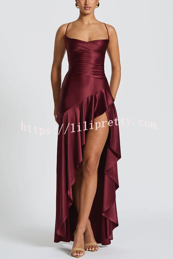 Solid Color Sexy Backless Lace-up Irregular Ruffled Maxi Dress