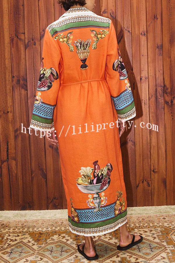 Linen Blend Unique Print Tie-waist Casual Maxi Dress