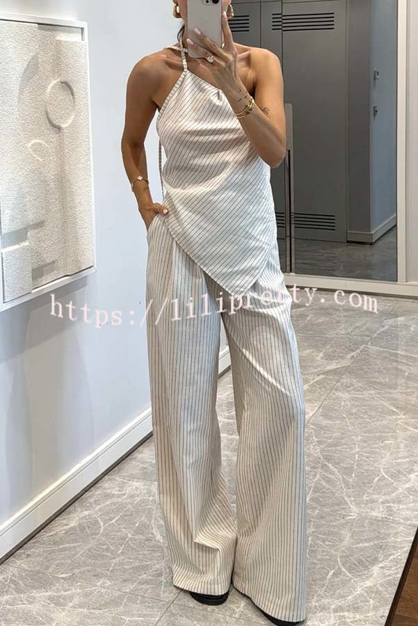 Moriah Striped Thin Strap Halter Neck Scarf Top and Pocketed Wide Leg Pants Set