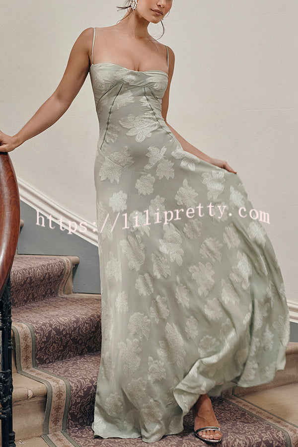 Romantic Vintage Feel Jacquard Fabric Back Lace-up Slip Floaty Maxi Dress