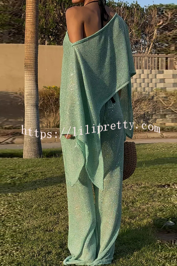 Vacation Knit Shiny Fabric Batwing Sleeve Cape Top and Cover-up Elastic Waist Loose Pants Set