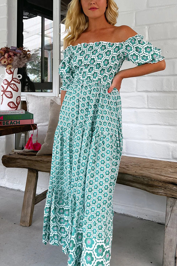 Floral Print Off-the-shoulder Puff-sleeve Pleated Maxi Dress