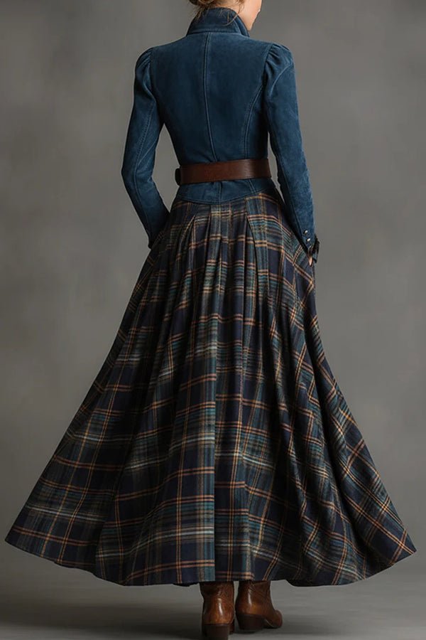 Fashionable Faux Denim Suede Patchwork Long-sleeved Casual Maxi Dress