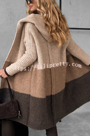 Fashionable Knit Patchwork Color Long-sleeved Hooded Loose Mid-length Cardigan