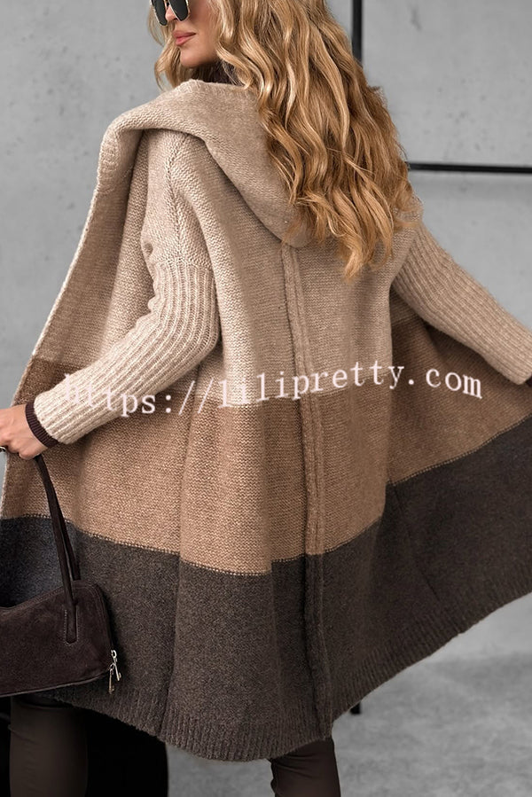 Fashionable Knit Patchwork Color Long-sleeved Hooded Loose Mid-length Cardigan