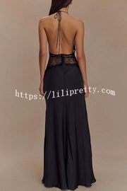 Seductive Details Satin Lace Waist Halter Tie-up Backless Maxi Dress