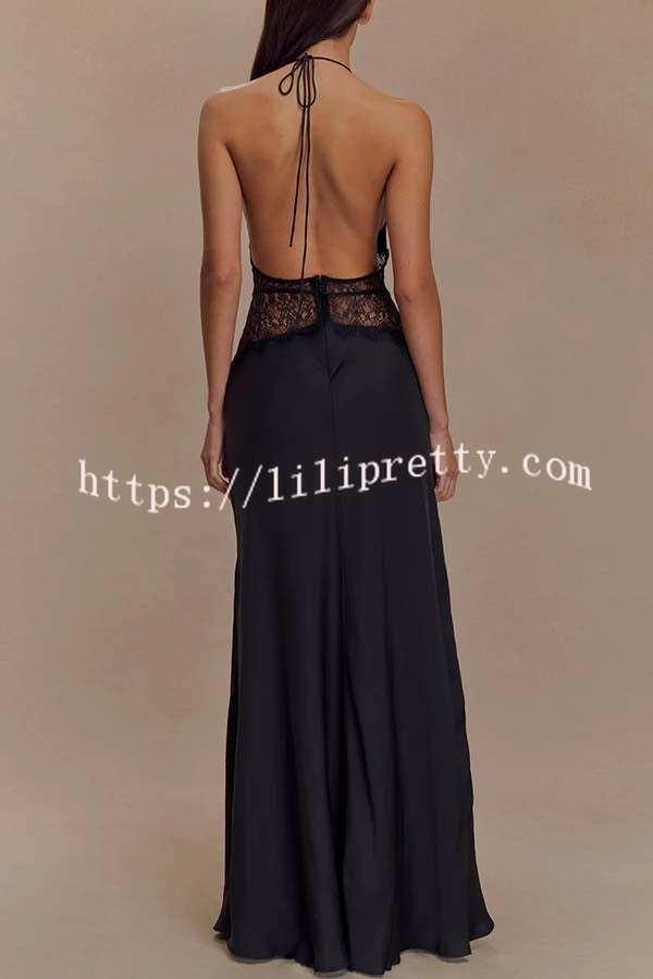 Seductive Details Satin Lace Waist Halter Tie-up Backless Maxi Dress