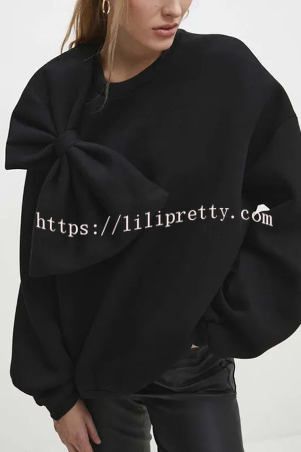 Solid Color Round Neck Long Sleeve Bow Loose Sweatshirts