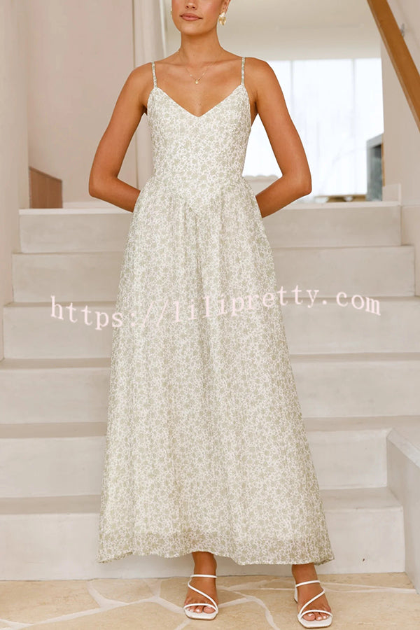 Floral Print V-Neck Sleeveless Back Tie Pocket Maxi Dress
