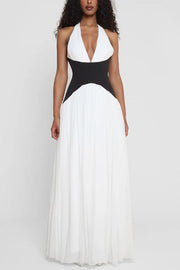 Fashionable Color Matching Sexy Halter Neck Waist Maxi Dress