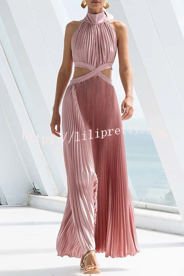 Stunning Choice Satin Pleated Halter High Neck Cutout Waist Backless Maxi Dress