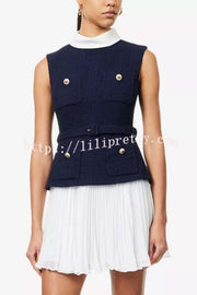 Sporty Elegance Tweed Metal Button Belted Pleated Hem Mini Dress