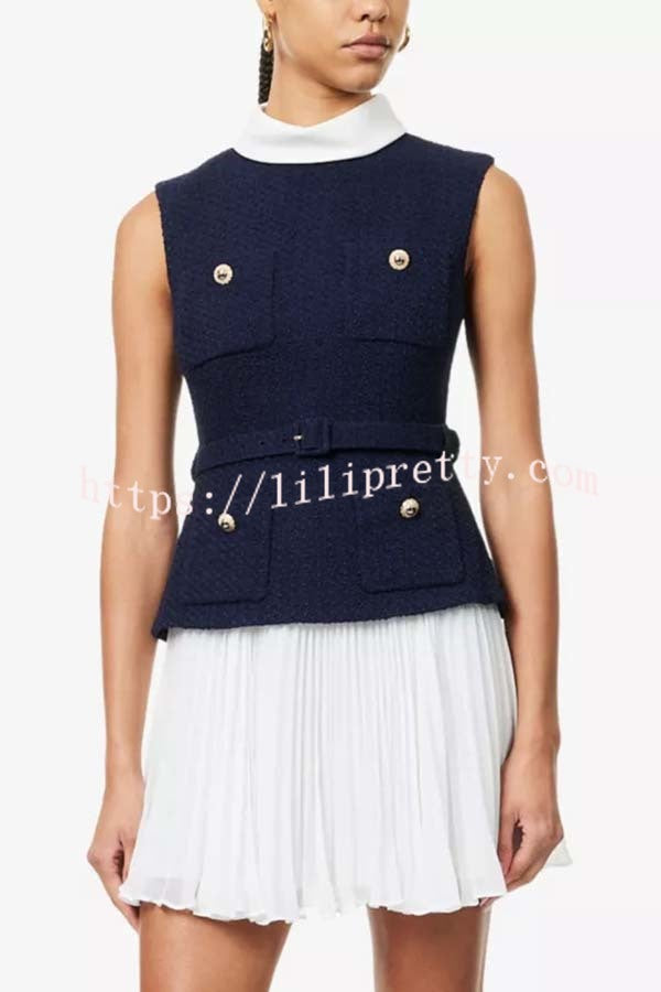 Sporty Elegance Tweed Metal Button Belted Pleated Hem Mini Dress