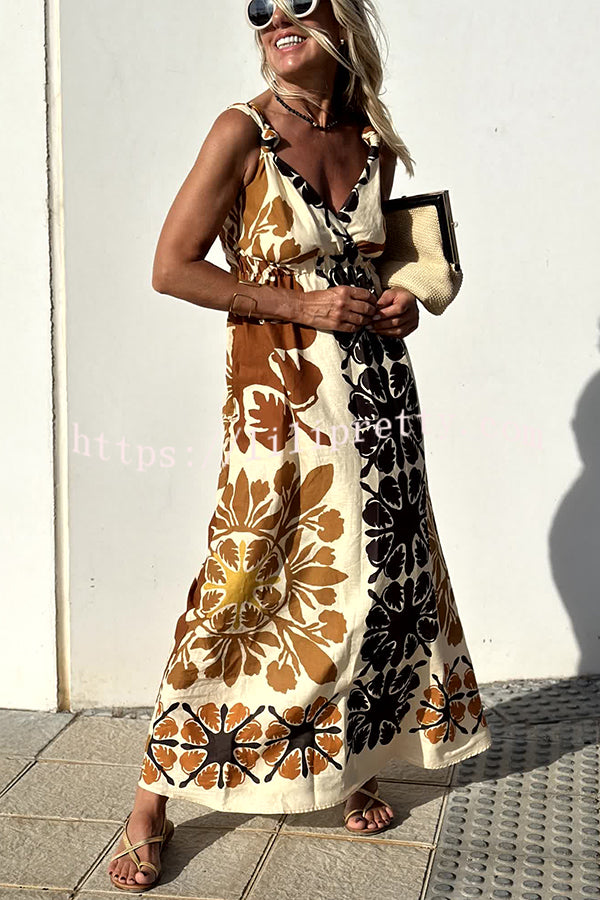 Lilipretty Jalen Linen Blend Ethnic Floral Print Knotted Strap Elastic Waist Midi Dress