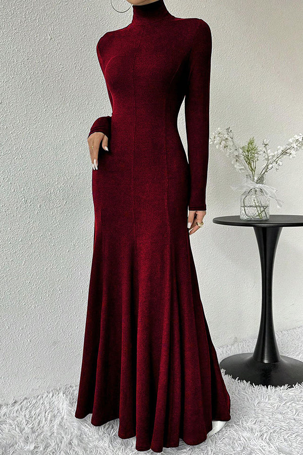 Solid Color High-neck Long-sleeved Slim-fit Fishtail Elegant Maxi Dress
