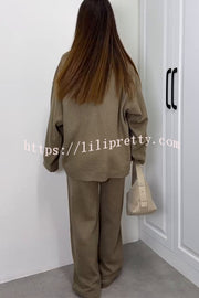 Solid Color V-neck Tie Long-sleeved Loose Knit Cardigan and Elastic Waist Casual Straight Leg Pants Set