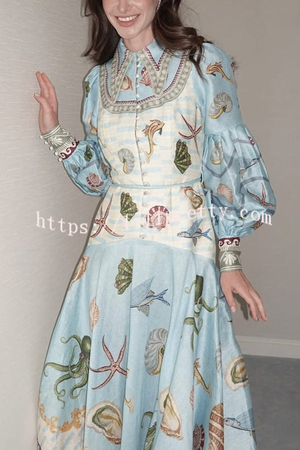 Ocean Print Lapel Button Waist Tie Resort Maxi Dress