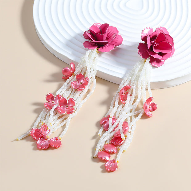 Lilipretty Alloy Lacquered Flower Rice Bead Tassel Earrings