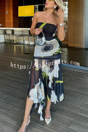 Lilipretty® Raquel Mesh Overlay Floral Print Off Shoulder Ruched Ruffles Stretch Midi Dress