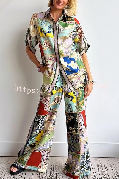 Linen Blend Lapel Short Sleeve Loose Top and Elastic Waist Casual Pocket Wide Leg Pants Set
