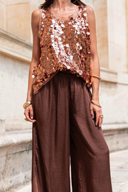 Fashionable Sequined Round Neck Sleeveless Loose Vest