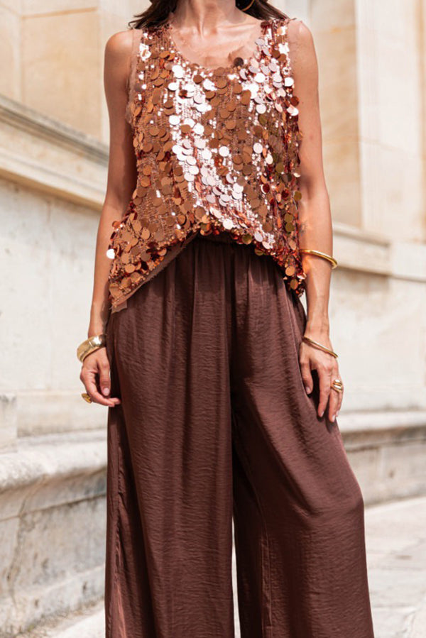 Fashionable Sequined Round Neck Sleeveless Loose Vest
