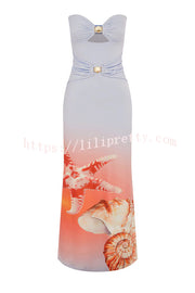 Fresh and Chic Sea Print Off Shoulder Metal Shell Cutout Stretch Maxi Dress