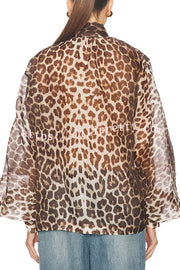 Arianne Chiffon Leopard Print Bow Neck Long Balloon Sleeve Loose Blouse