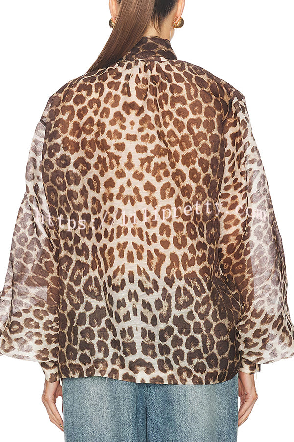 Arianne Chiffon Leopard Print Bow Neck Long Balloon Sleeve Loose Blouse