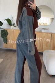 Sports Fashion Denim Patchwork Sweatshirt Fabric Zipper Long Sleeve Loose Jacket