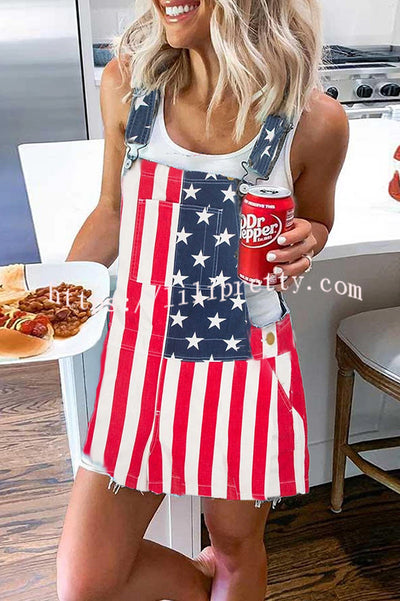 Independence Day American Flag Print Casual Pocket Denim Strap Mini Dress