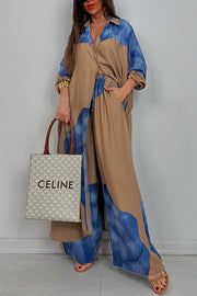Unique Printed Casual Loose Long Shirt and Elastic Waist Pocket Wide Leg Pants Set