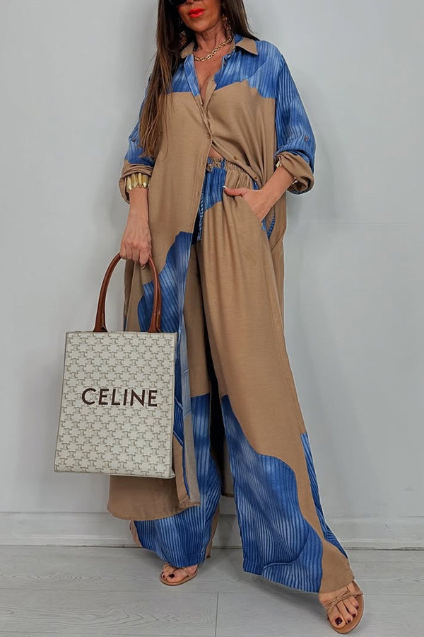 Unique Printed Casual Loose Long Shirt and Elastic Waist Pocket Wide Leg Pants Set