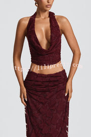 Myra Floral Burnout Jersey Fabric Halter Crop Tank and Ruched Maxi Skirt Set