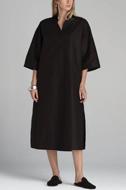 Solid Color V-neck Half-sleeve Loose Slit Midi Dress