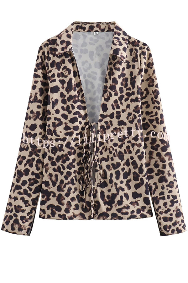 Edith Leopard Print Front Lace-up Long Sleeve Loose Blouse