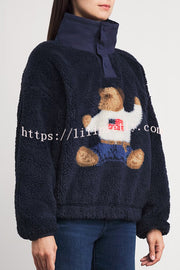 American Retro Polo Bear Pattern Stand Button Neck Long Sleeve Fleece Pullover