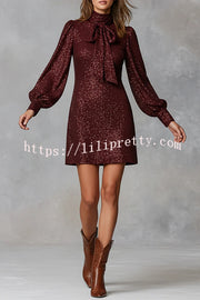 Gift for Me Sequin High Neck Bow Tie Long Lantern Sleeve Party Mini Dress
