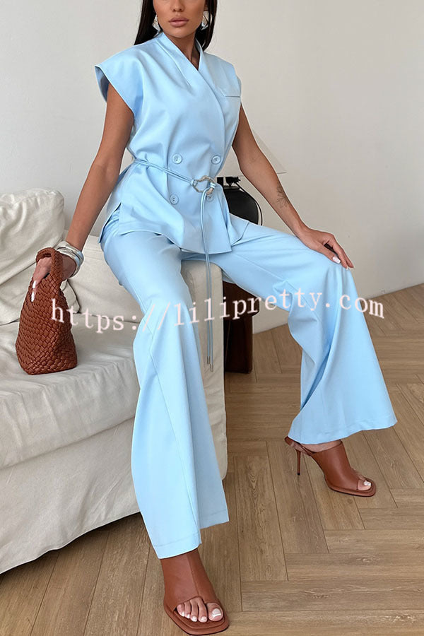 Modern City Double Breasted Belted Wide Short Sleeve Suit and Elastic Waist Loose Pants Set