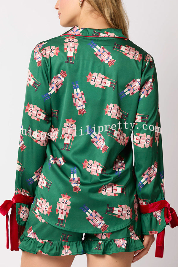 Christmas Fashion Printed Bow Tie Top and Elastic Waist Ruffle Shorts Set