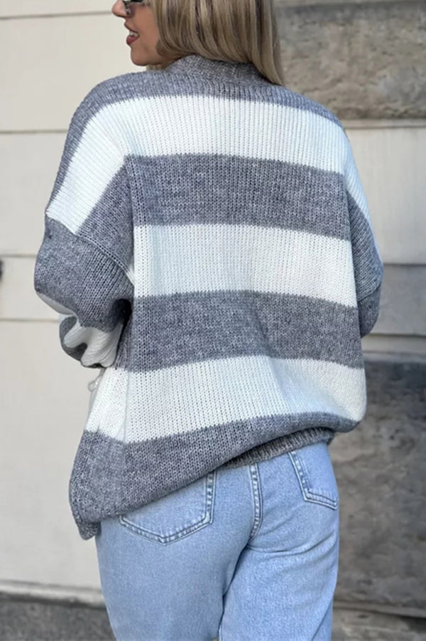 Casual V-neck Long-sleeved Striped Pocket Knitted Cardigan