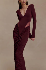 Sexy See-through Long-sleeved V-neck Pleated Slim-fit Maxi Dress