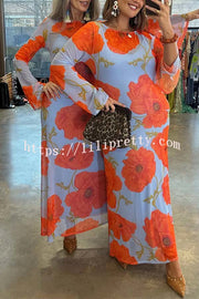 Perfect Cross-season Mesh Poppy Flower Print Long Sleeve Stretch Maxi Dress