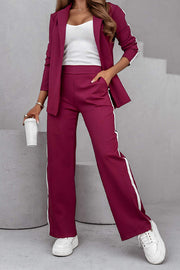 Working Casual Days Long Sleeve Lapel Blazer and Elastic Waist Pocket Straight Pants Set