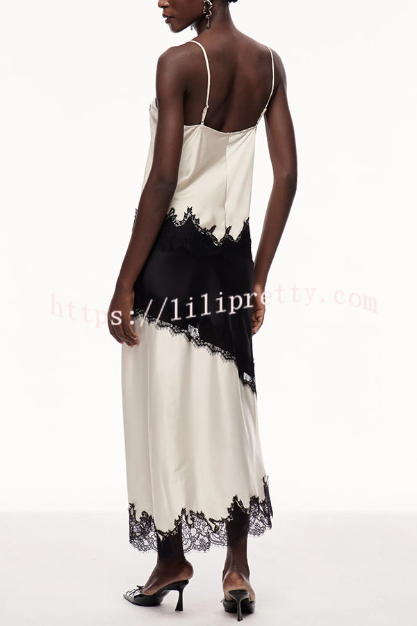 Party Focus Contrast Color Satin Lace Trim Elastic Waist Front Slit Maxi Skirt